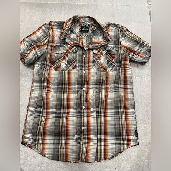 [L]Prana Casual Button Down Shirt in Black Orange and Gray Plaid - Picture 1 of 6